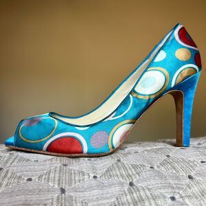 Martinez Valero Turquoise Teal Fabric Peep Toe Pump Multi-Color Dots Women’s 8.5